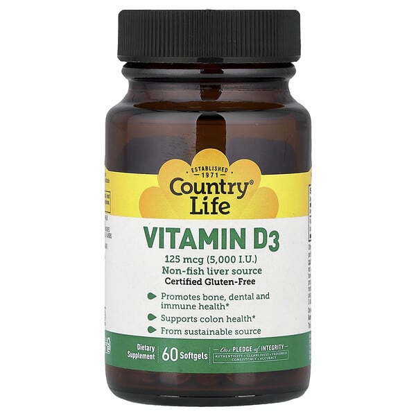Country Life, Vitamin D3, 125 mcg (5,000 IU), 60 Softgels