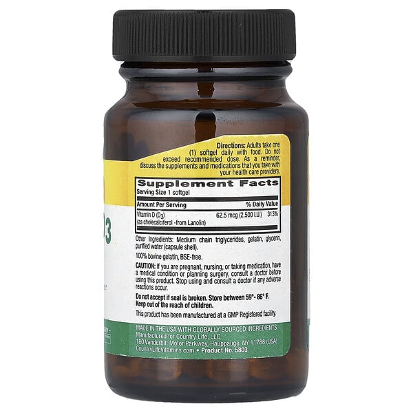 Alternative view of Country Life, Vitamin D3, 62.5 mcg (2,500 IU), 60 Softgels