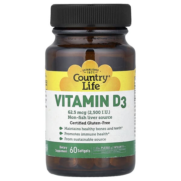 Country Life, Vitamin D3, 62.5 mcg (2,500 IU), 60 Softgels