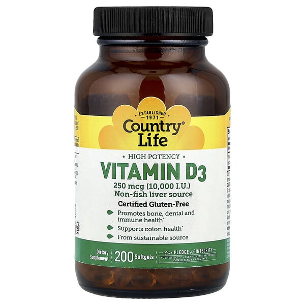 Country Life, Vitamin D3, High Potency , 250 mcg (10,000 IU), 200 Softgels