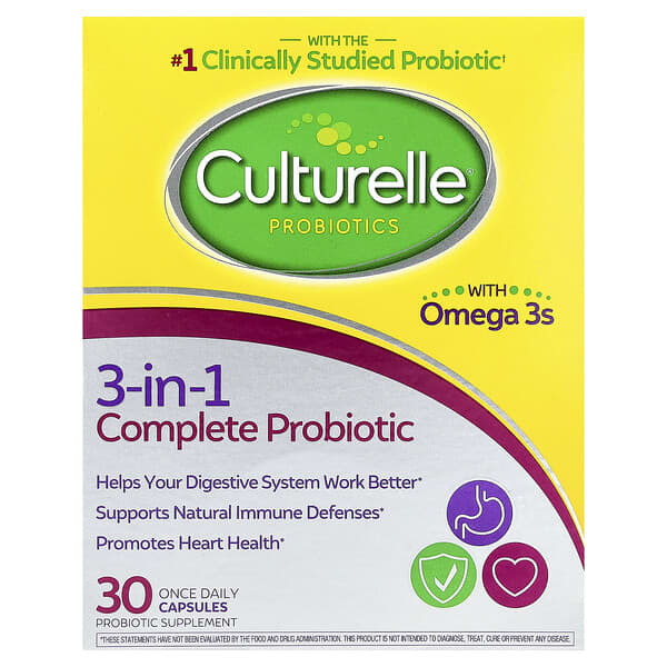 Culturelle, Probiotics, 3-in-1 Complete Probiotic with Omega 3s, 30 Once Daily Capsules
