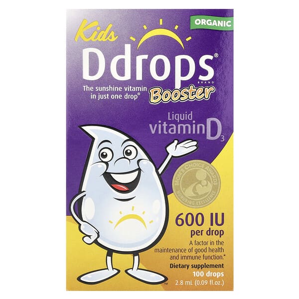 Ddrops, Kids, Booster, Organic Liquid Vitamin D3, 15 mcg (600 IU), 0.09 fl oz (2.8 ml)
