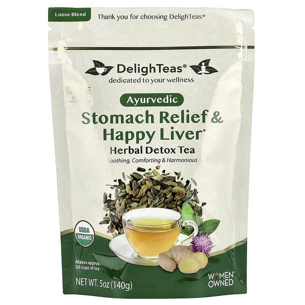 DelighTeas, Ayurvedic Stomach Relief & Happy Liver, Herbal Detox Tea, Loose Blend, Caffeine Free, 5 oz (140 g)