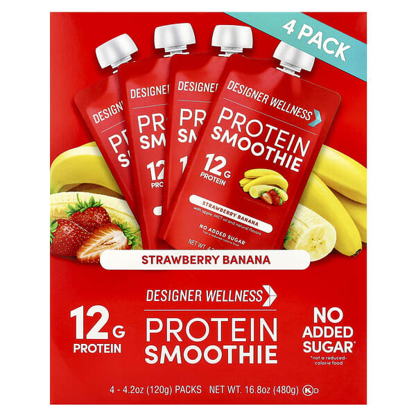 Designer Wellness, Protein Smoothie, Strawberry Banana, 4 Packs, 4.2 oz (120 g) Each