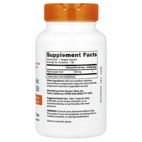 Alternative view of Doctor's Best, Alpha-Lipoic Acid 150, 150 mg, 120 Veggie Caps