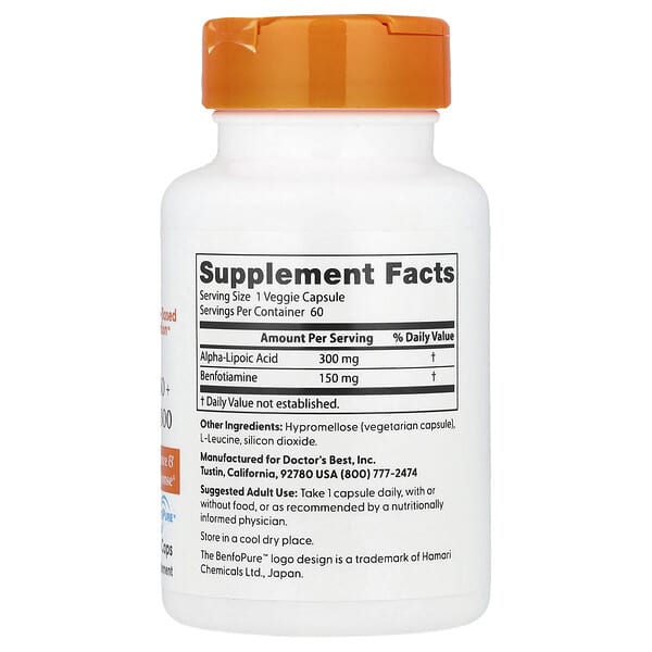 Alternative view of Doctor's Best, Benfotiamine 150 + Alpha-Lipoic Acid 300, 60 Veggie Caps