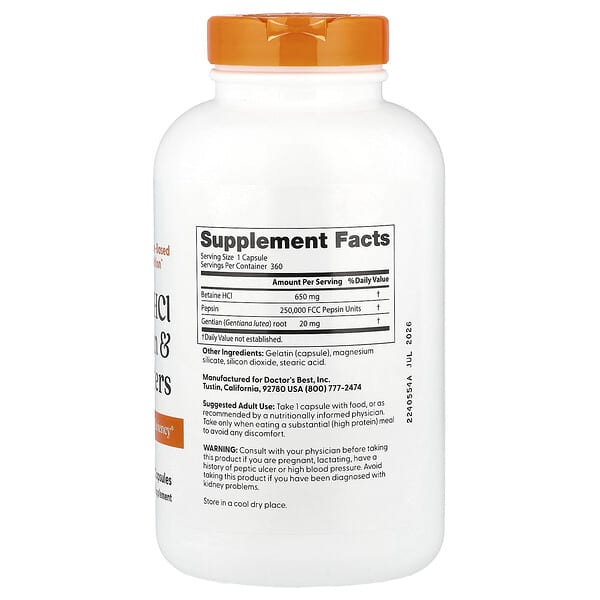 Alternative view of Doctor's Best, Betaine HCl, Pepsin and Gentian Bitters, 360 Capsules
