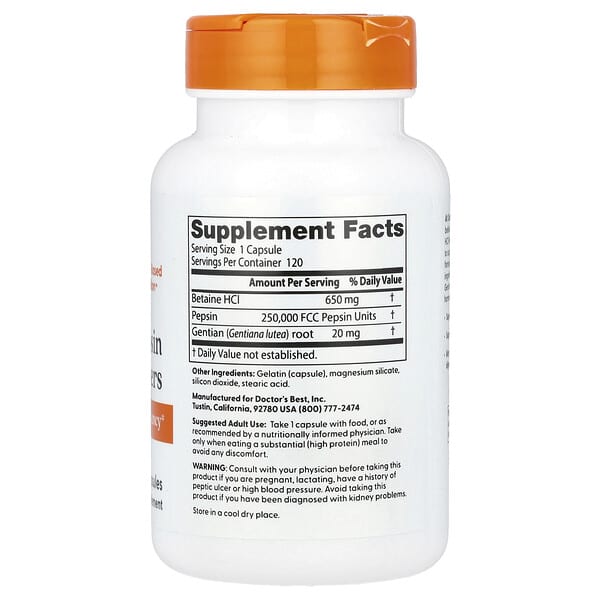 Alternative view of Doctor's Best, Betaine HCl Pepsin & Gentian Bitters, 120 Capsules