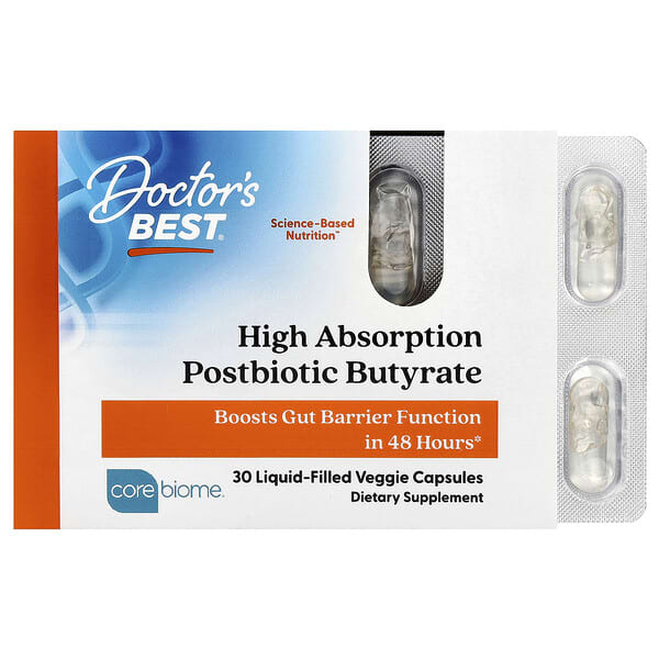 Doctor's Best, High Absorption Postbiotic Butyrate, 30 Liquid-Filled Veggie Capsules (300 mg per Capsule)