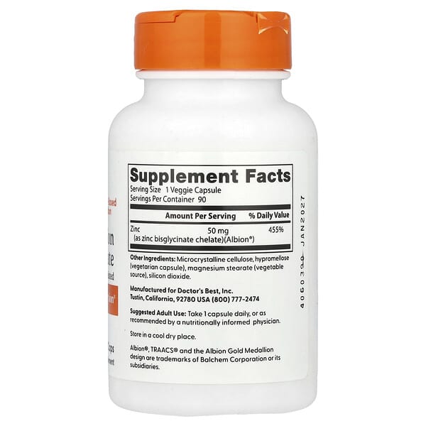 Alternative view of Doctor's Best, High Absorption Zinc Bisglycinate, 50 mg, 90 Veggie Caps