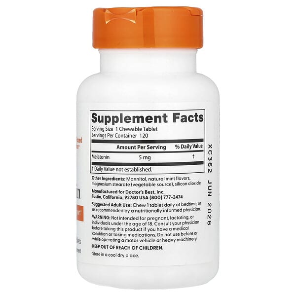 Alternative view of Doctor's Best, Melatonin, Natural Mint, 5 mg, 120 Chewable Tablets