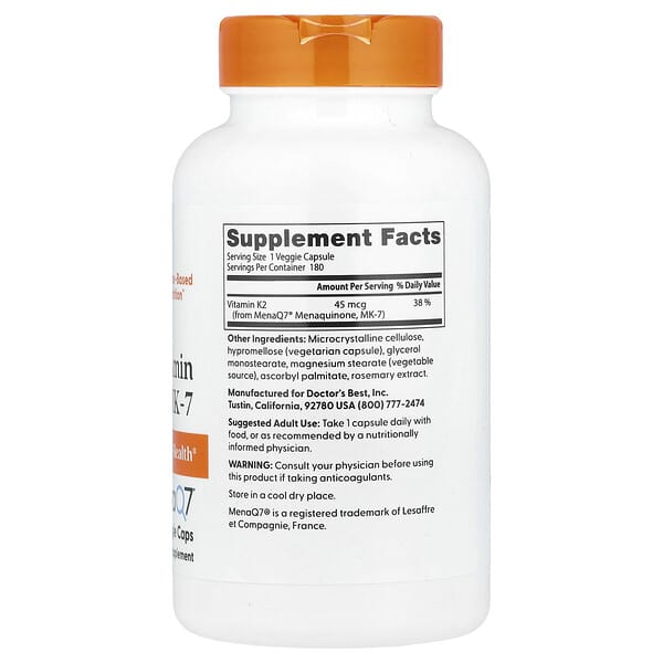 Alternative view of Doctor's Best, Natural Vitamin K2 MK-7 , 45 mcg, 180 Veggie Caps