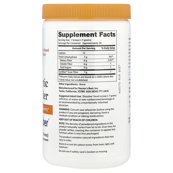 Alternative view of Doctor's Best, Prebiotic Powder, Sunfiber®, Unflavored, 7.4 oz (210 g)