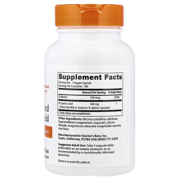 Alternative view of Doctor's Best, Stabilized R-Lipoic Acid , 100 mg, 180 Veggie Caps