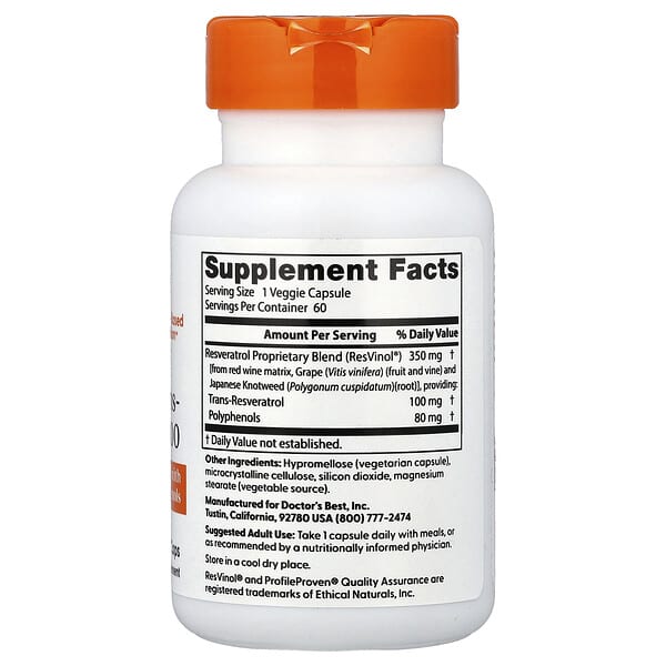 Alternative view of Doctor's Best, Trans-Resveratrol 100, 60 Veggie Caps