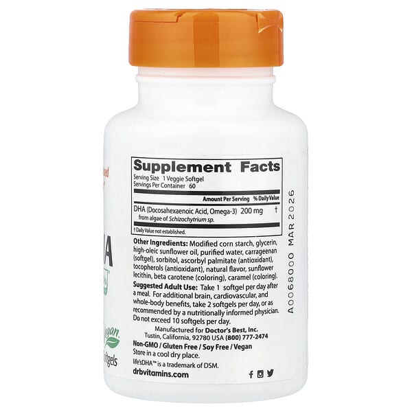 Alternative view of Doctor's Best, Vegan DHA from Algae with Life's DHA™ , 200 mg, 60 Veggie Softgels
