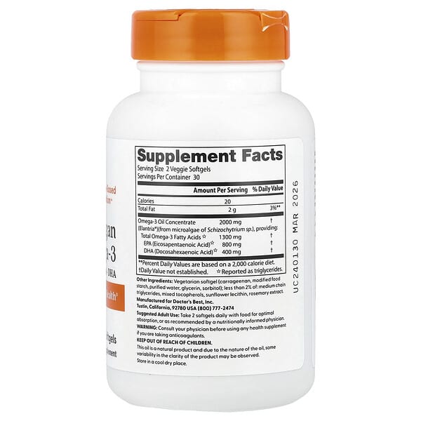 Alternative view of Doctor's Best, Vegan Omega-3,  EPA+DHA, 60 Veggie Softgels (1,000 mg per Softgel)