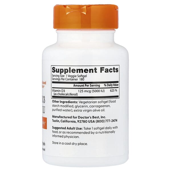 Alternative view of Doctor's Best, Vitamin D3, 125 mcg (5,000 IU), 180 Veggie Softgels