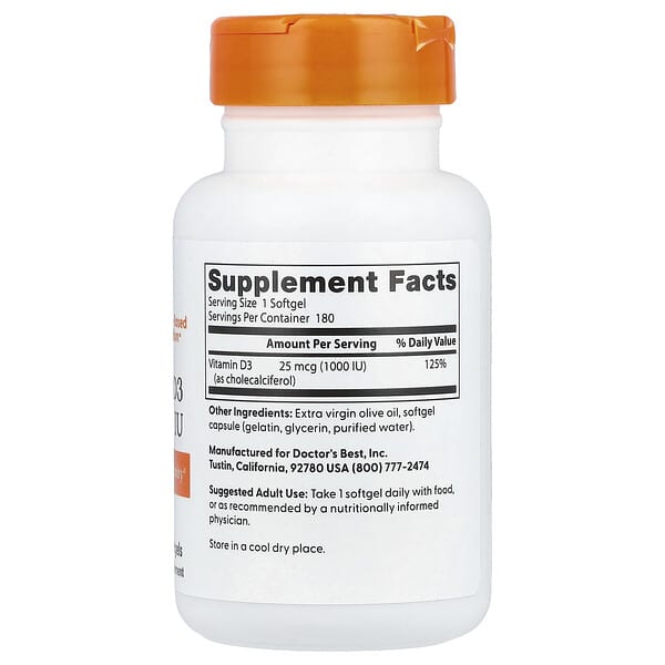 Alternative view of Doctor's Best, Vitamin D3, 25 mcg (1,000 IU), 180 Softgels