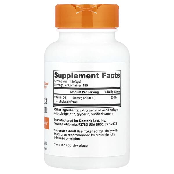 Alternative view of Doctor's Best, Vitamin D3, 50 mcg (2,000 IU), 180 Softgels
