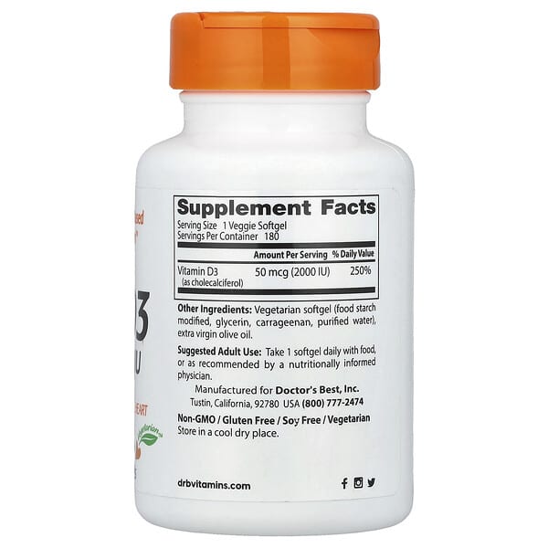 Alternative view of Doctor's Best, Vitamin D3, 50 mcg (2,000 IU), 180 Veggie Softgels