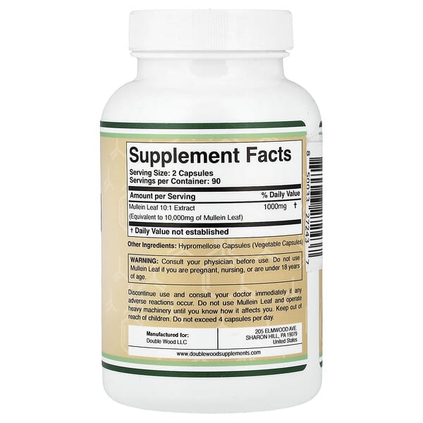 Alternative view of Double Wood Supplements, Mullein Leaf, 180 Capsules (500 mg per Capsule)