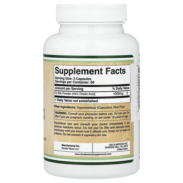 Alternative view of Double Wood Supplements, Ox Bile, 120 Capsules (500 mg per Capsule)
