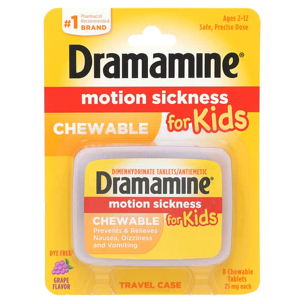 Dramamine, Motion Sickness For Kids, Ages 2 -12, Travel Case, Grape, 25 mg, 8 Chewable Tablets