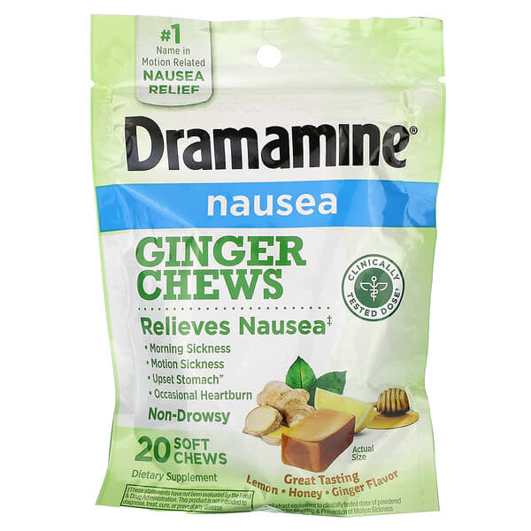 Dramamine, Nausea, Ginger Chews, Lemon, Honey, Ginger , 20 Soft Chews 4 Dramamine, Nausea, Ginger Chews, Lemon, Honey, Ginger , 20 Soft Chews