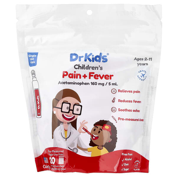 DrKids, Children's Pain + Fever, Ages 2-11 Years, Cherry, 20 Pre-Measured Single-Use Vials, 0.17 fl oz (5 ml) Each