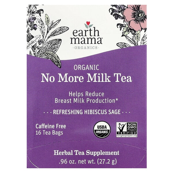 Earth Mama, Organics, Organic No More Milk Tea, Refreshing Hibiscus Sage, Caffeine Free, 16 Tea Bags, 0.96 oz (27.2 g)