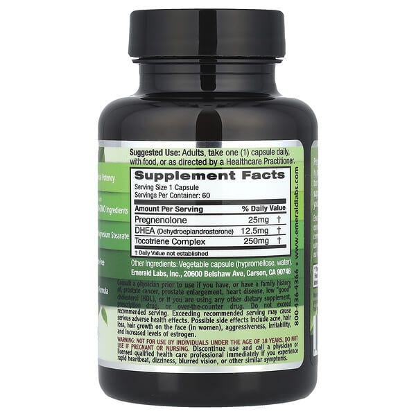 Alternative view of Emerald Laboratories, Pregnenolone + DHEA, 60 Vegetable Capsules