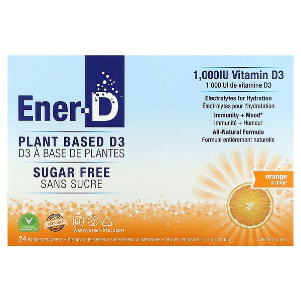 Ener-C, Ener-D, Vitamin D3, Hydrating Effervescent Drink Mix, Sugar Free, Orange, 1,000 mg, 24 Packets