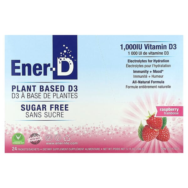 Ener-C, Ener-D, Vitamin D3, Hydrating Effervescent Drink Mix, Sugar Free, Raspberry, 1,000 mg, 24 Packets