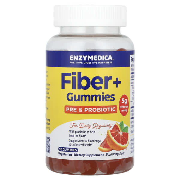 Enzymedica, Fiber+ Gummies, Pre & Probiotic, Blood Orange, 90 Gummies