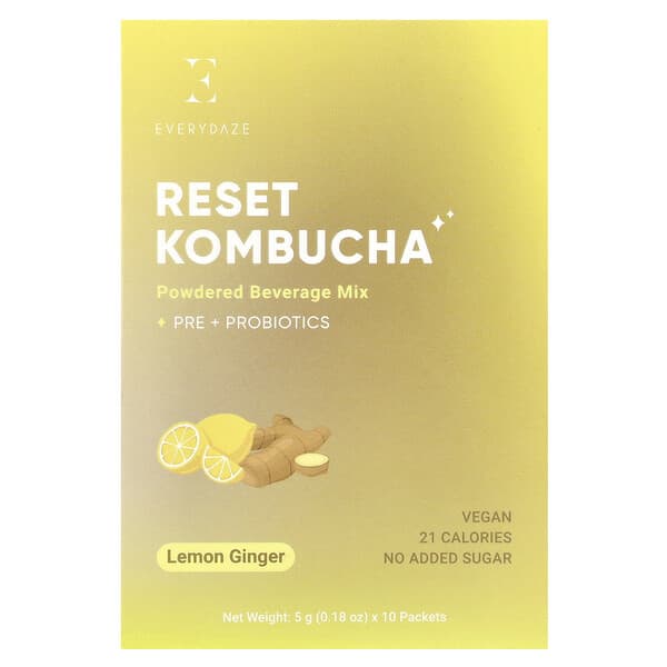 Everydaze, Reset Kombucha, Powdered Beverage Mix, Lemon Ginger, 10 Packets, 0.18 oz (5 g) Each 1 Everydaze, Reset Kombucha, Powdered Beverage Mix, Lemon Ginger, 10 Packets, 0.18 oz (5 g) Each