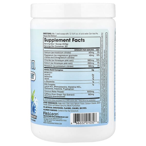 Alternative view of Fit & Lean, Amino Hydration + Energy, Blue Raspberry, 13 oz (369 g)