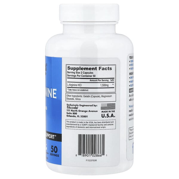 Alternative view of fitcode, L-Arginine, 100 Capsules (750 mg per Capsule)