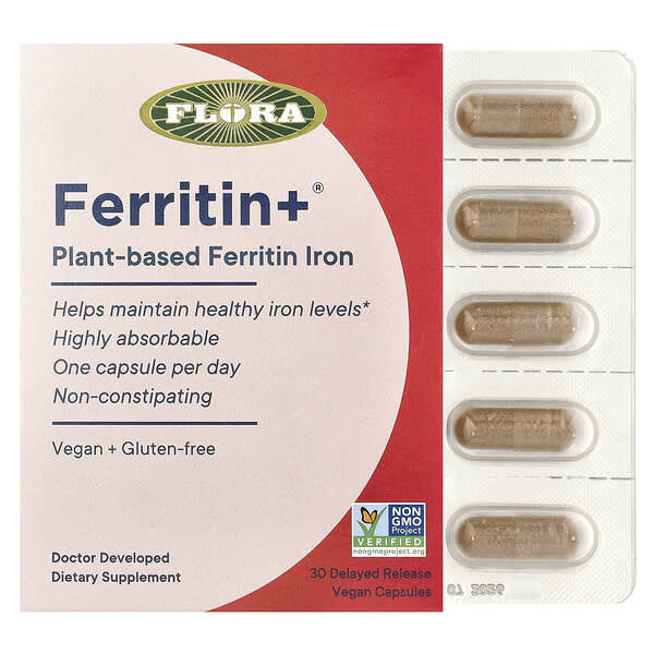 Flora, Ferritin+®, Plant-Based Ferritin Iron, 30 Delayed Release Vegan Capsules (20 mg per Capsule)