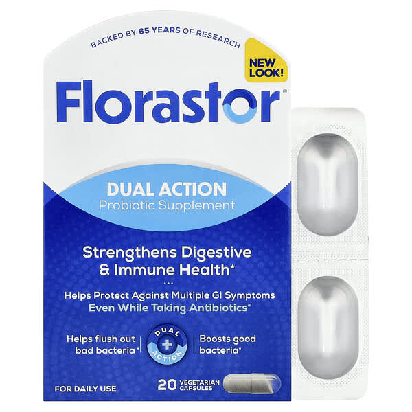 Florastor, Dual Action Probiotic Supplement, 20 Vegetarian Capsules (250 mg per Capsule)