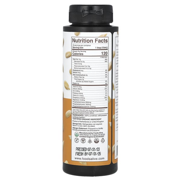 Alternative view of Foods Alive, Organic Sunflower Lecithin Liquid, 8 fl oz (236 ml)