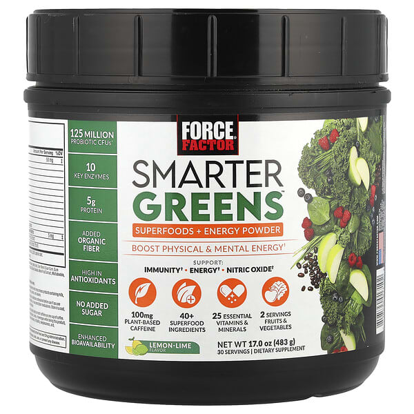 Force Factor, Smarter Greens™, Superfoods + Energy Powder, Lemon-Lime, 17 oz (483 g)
