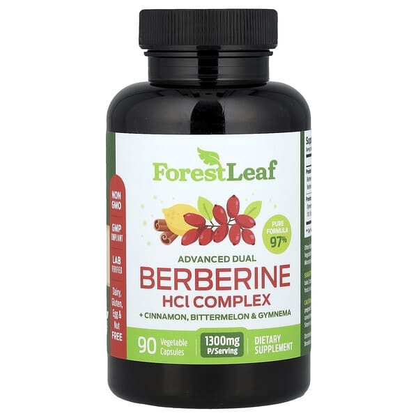 Forest Leaf, Advanced Dual Berberine HCl Complex + Cinnamon, Bittermelon & Gymnema, 90 Vegetable Capsules