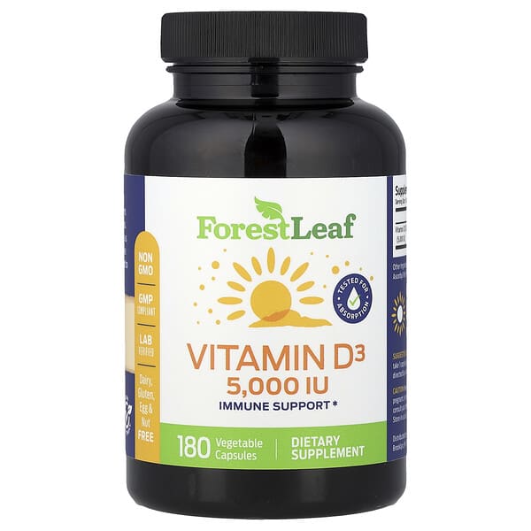 Forest Leaf, Vitamin D3, 125 mcg (5,000 IU), 180 Vegetable Capsules