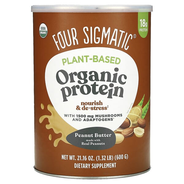 Four Sigmatic, Plant-Based Organic Protein with Mushrooms & Adaptogens, Peanut Butter, 1.32 lbs (600 g)