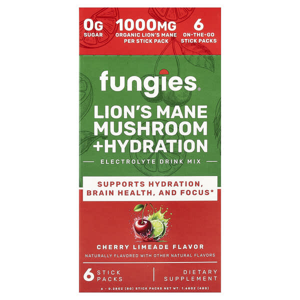 Fungies, Lion's Mane Mushroom + Hydration, Electrolyte Drink Mix, Cherry Limeade, 6 Stick Packs, 0.28 oz (8 g) Each