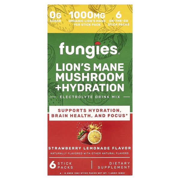Fungies, Lion's Mane Mushroom + Hydration, Electrolyte Drink Mix, Strawberry Lemonade, 6 Stick Packs, 0.28 oz (8 g) Each