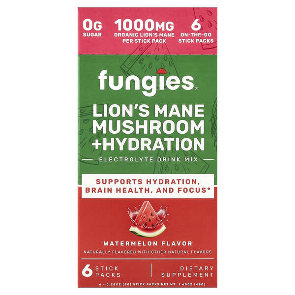 Fungies, Lion's Mane Mushroom + Hydration, Electrolyte Drink Mix, Watermelon, 6 Stick Packs, 0.28 oz (8 g) Each