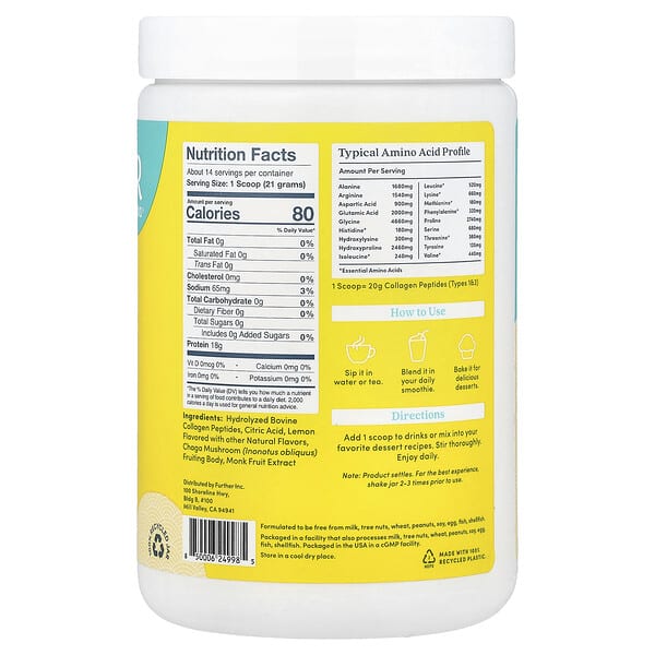 Alternative view of Further Food, Grass-Fed Collagen Peptides + Chaga Mushroom, Lemon, 10.5 oz (298 g)