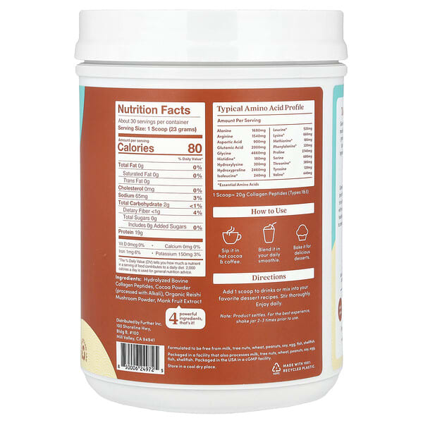 Alternative view of Further Food, Grass-Fed Collagen Peptides + Reishi Mushroom, Chocolate, 24.34 oz (690 g)